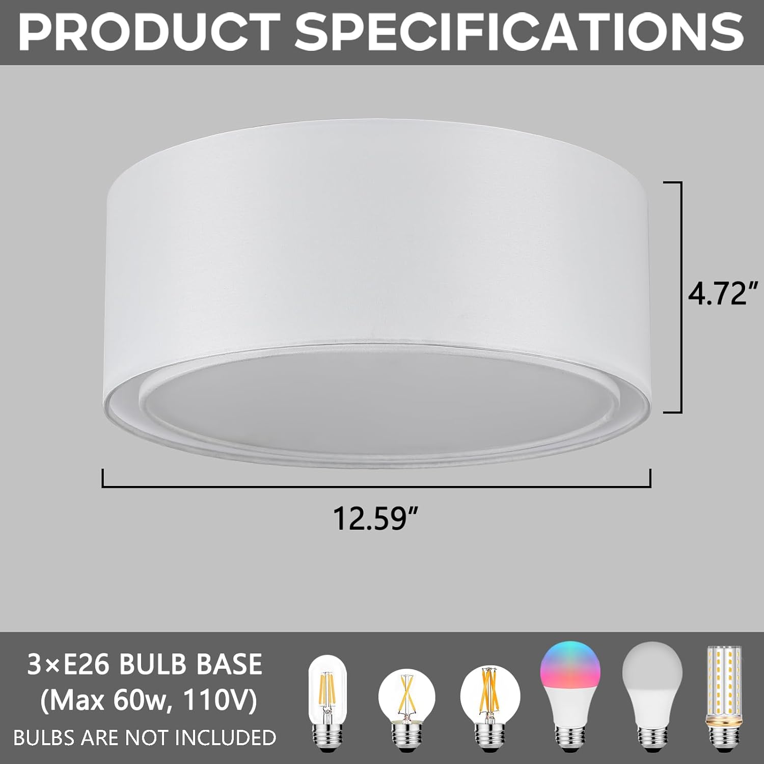 Luupyia 3-Light Double Fabric Drum Ceiling Light Fixture, 12.59 Inches Simple Semi Flush Mount Ceiling Lights with Double Fabric Shade, Modern Drum Chandelier for Bedroom, Hallway E26, 60W